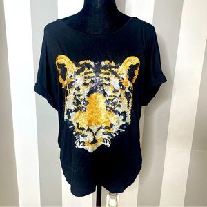 Sequin Tiger Graphic Black Round Neck Short Sleeve Casual Flounce Blouse Multi